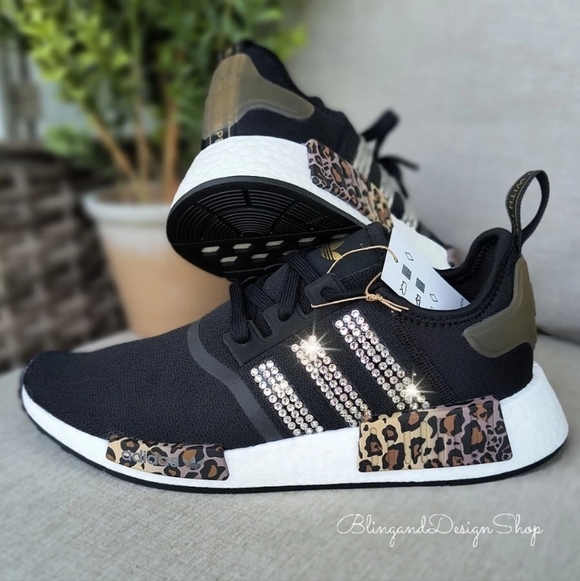 Women's Bling Adidas NMD R1 Leopard Print Black Shoes made with Crystals - Picture 5 of 8